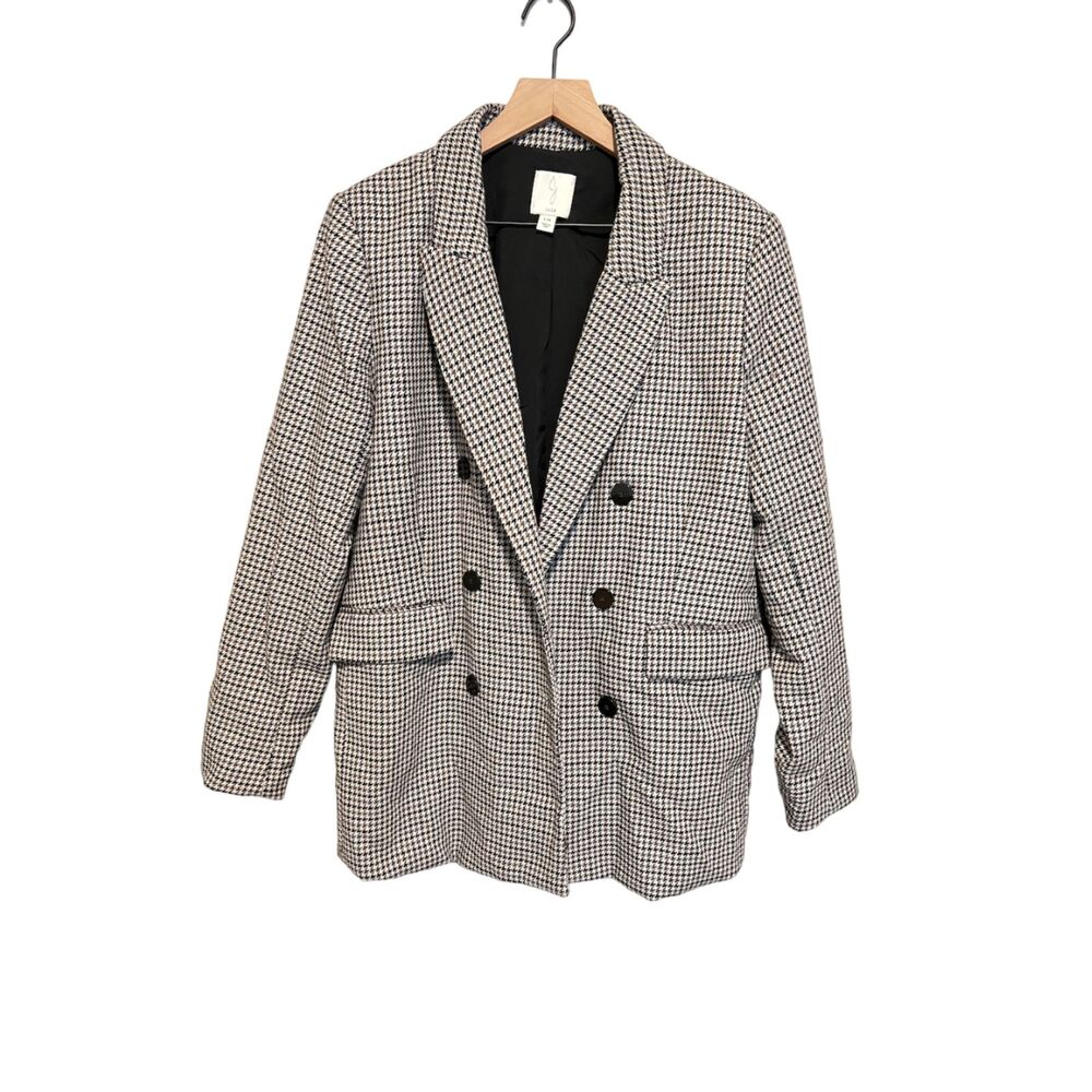 Joie Houndstooth Neutral Double Breasted Wool Blend Blazer Coat Jacket Size L